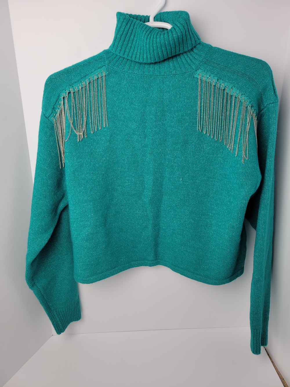 Sterling & Stitch - Teal Turtleneck Sweater with Metallic Fringe